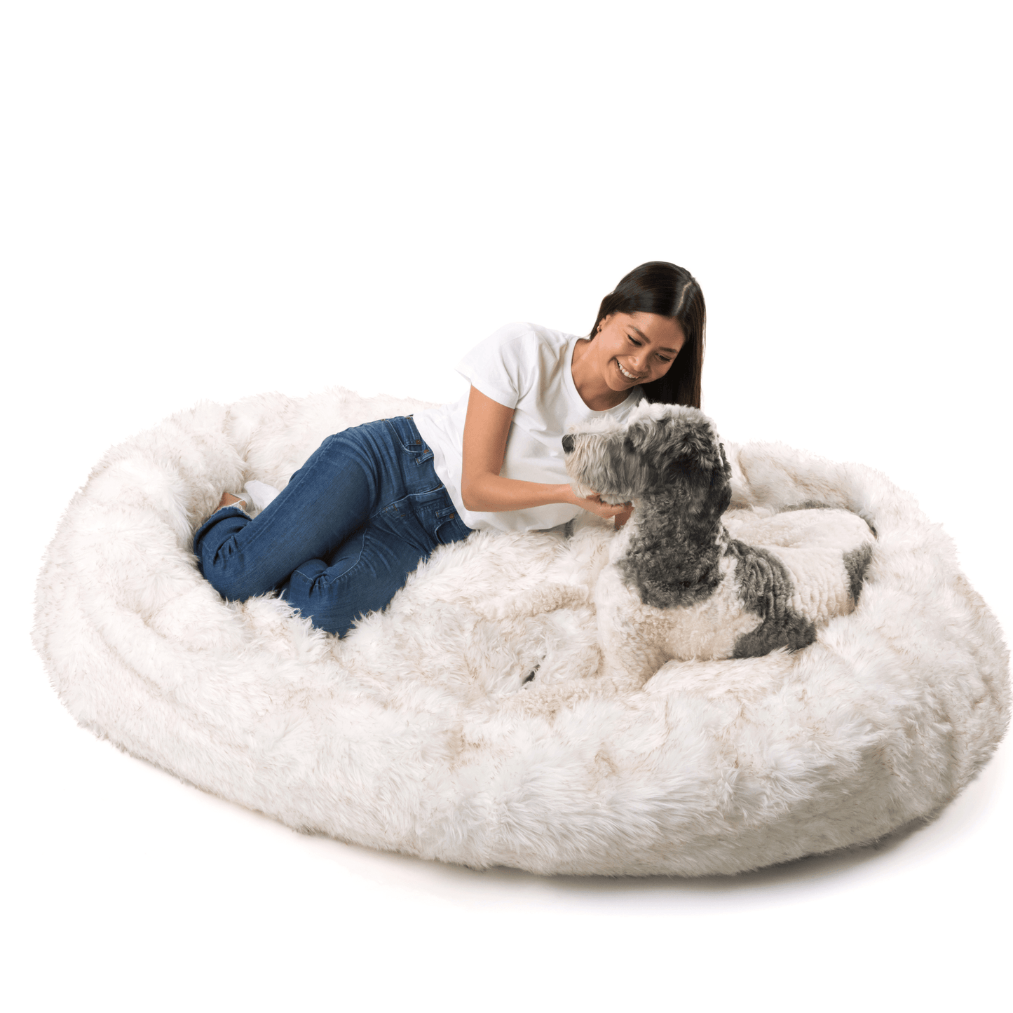 Faux Fur Dog Bed with Memory Foam - White with Brown Accents