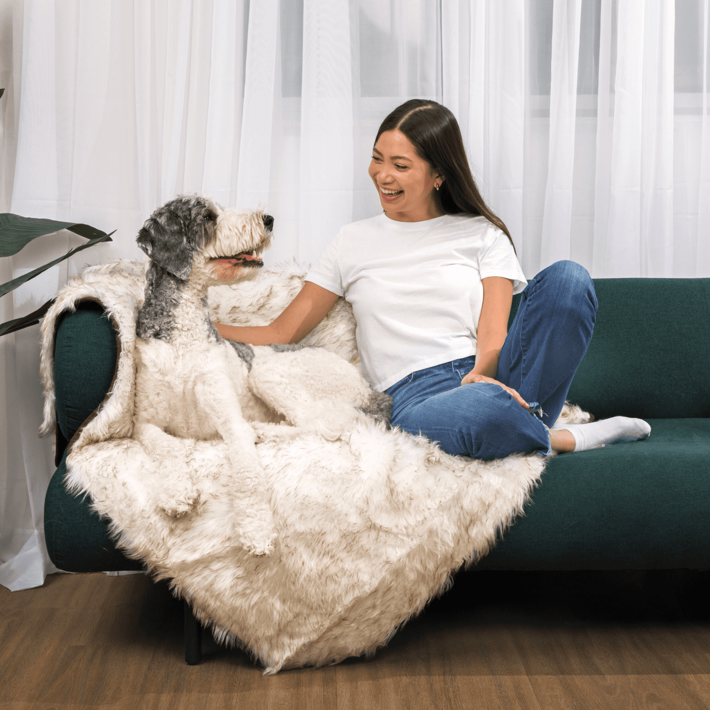 Dog Bed with Waterproof Blanket - White with Brown Accents