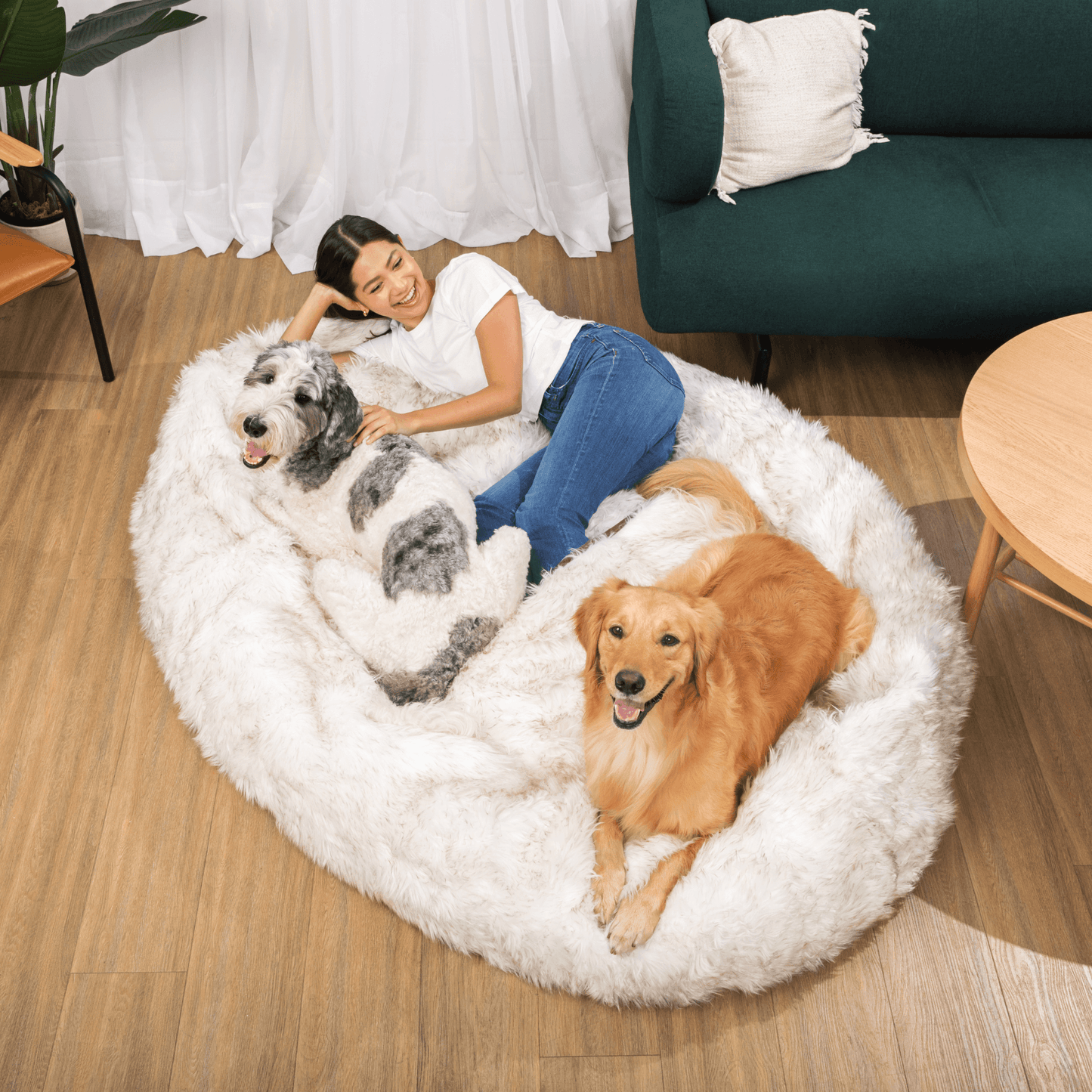 Faux Fur Dog Bed with Memory Foam - White with Brown Accents