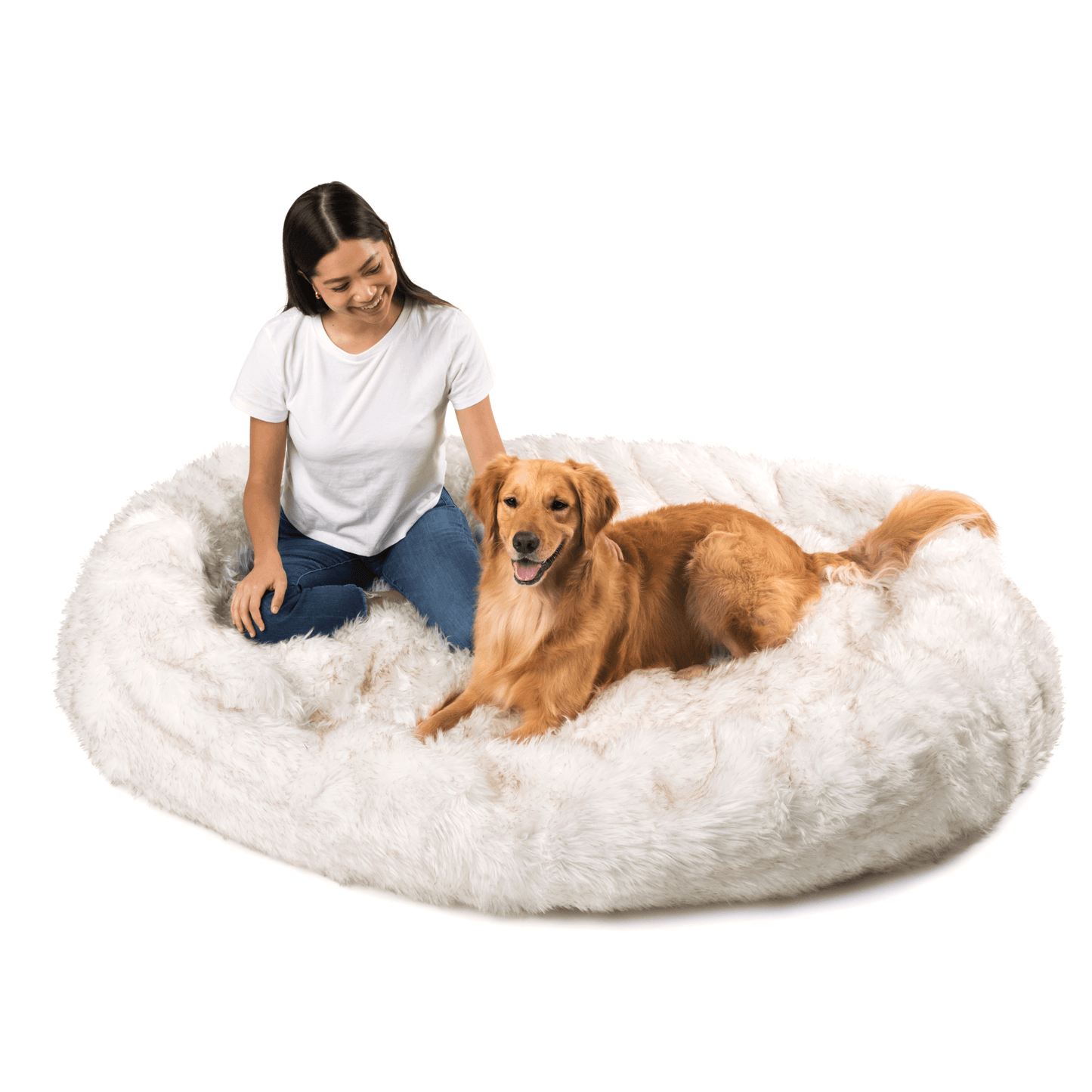 Dog Bed with Waterproof Blanket - White with Brown Accents