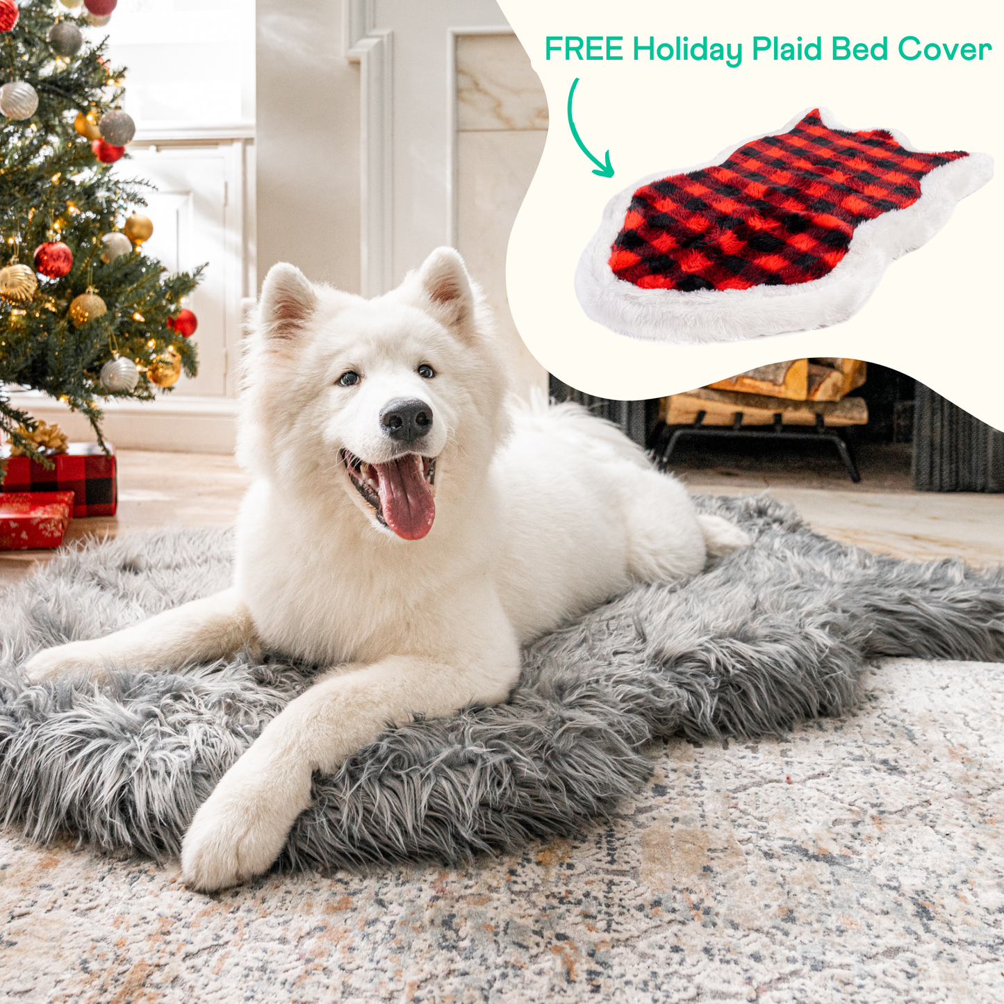 Orthopedic dog bed made of faux fur in anthracite + FREE red and black checked bed sheet