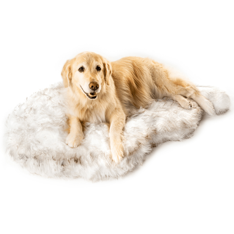 Orthopedic dog bed made of faux fur - curve white with brown accents