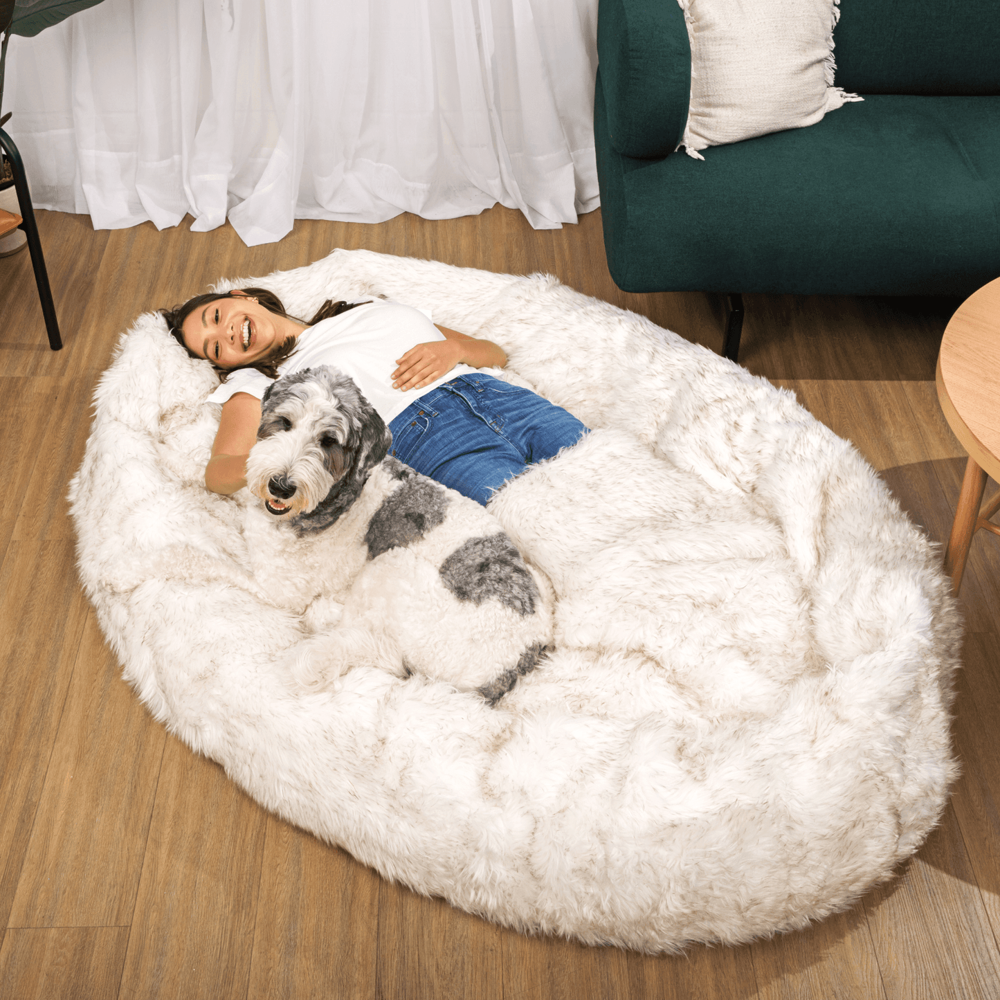 Faux Fur Dog Bed with Memory Foam - White with Brown Accents
