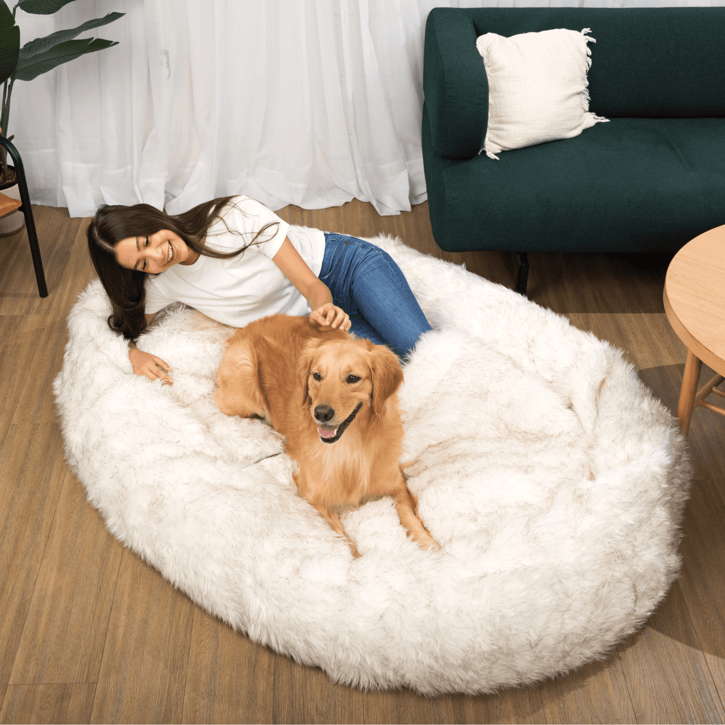 Faux Fur Dog Bed with Memory Foam - White with Brown Accents