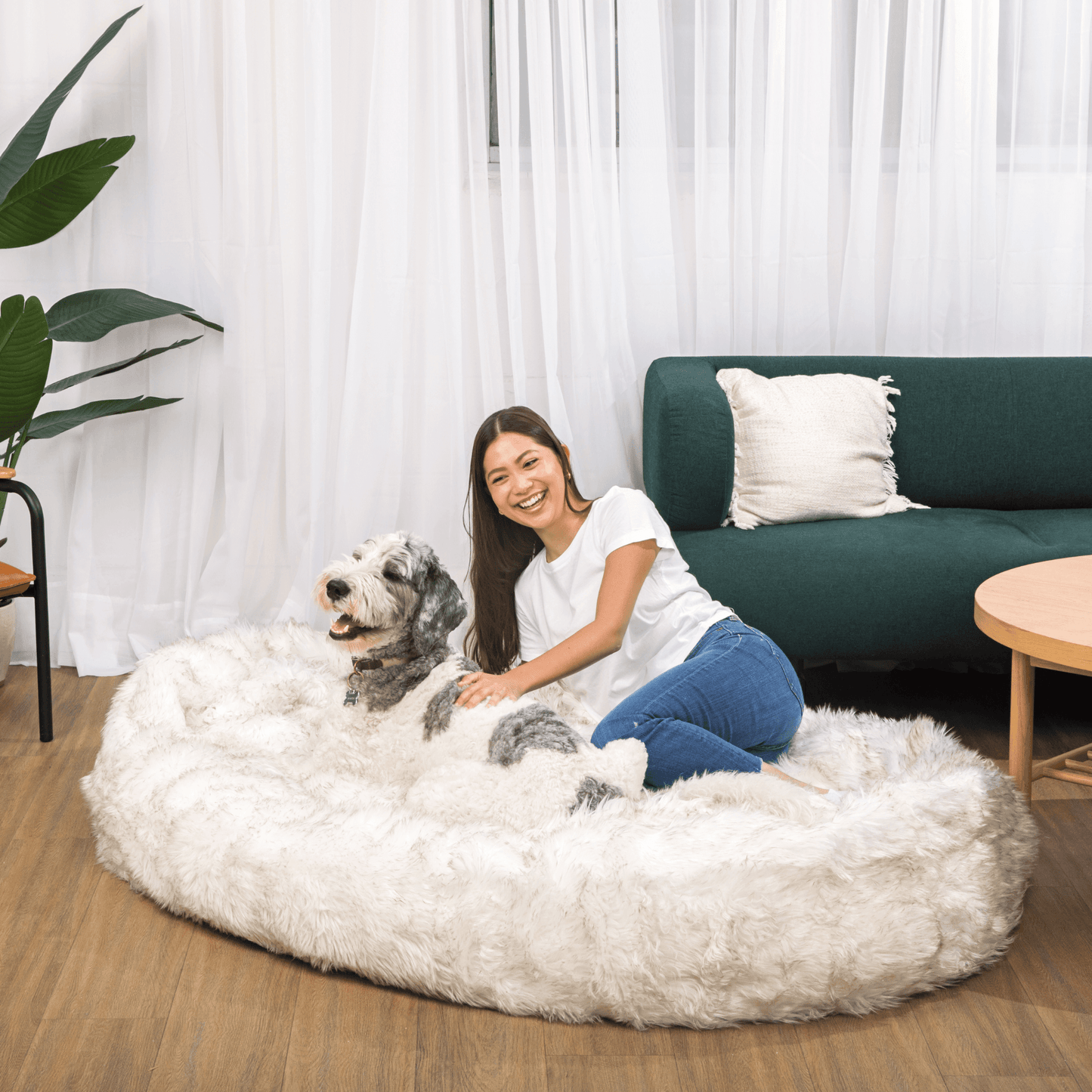 Faux Fur Dog Bed with Memory Foam - White with Brown Accents