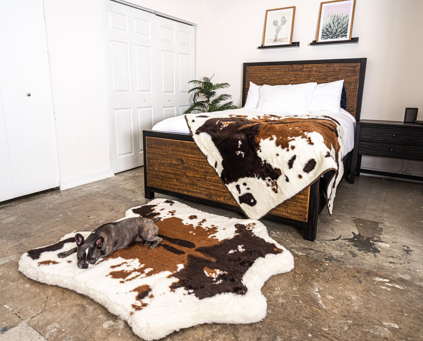 Memory Foam Dog Bed + Waterproof Blanket Set - Brown Faux Fur Cow Pattern