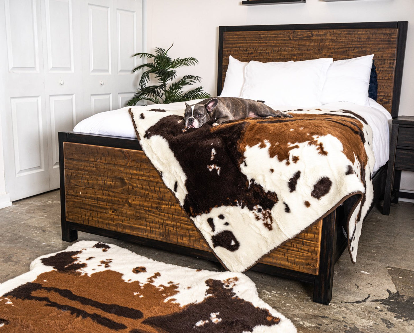 Memory Foam Dog Bed + Waterproof Blanket Set - Brown Faux Fur Cow Pattern