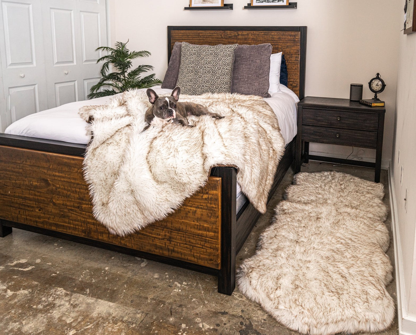 Orthopedic Dog Bed with Waterproof Blanket - White with Brown Accents