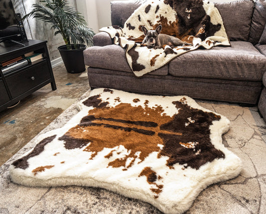 Memory Foam Dog Bed + Waterproof Blanket Set - Brown Faux Fur Cow Pattern