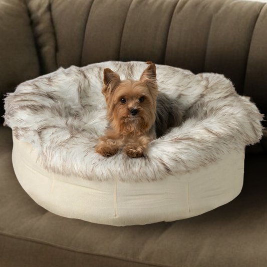 Donut Dog Bed - White with Brown Accents