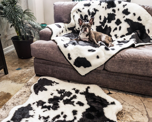 Memory Foam Dog Bed + Waterproof Blanket Set - Black Faux Cowhide