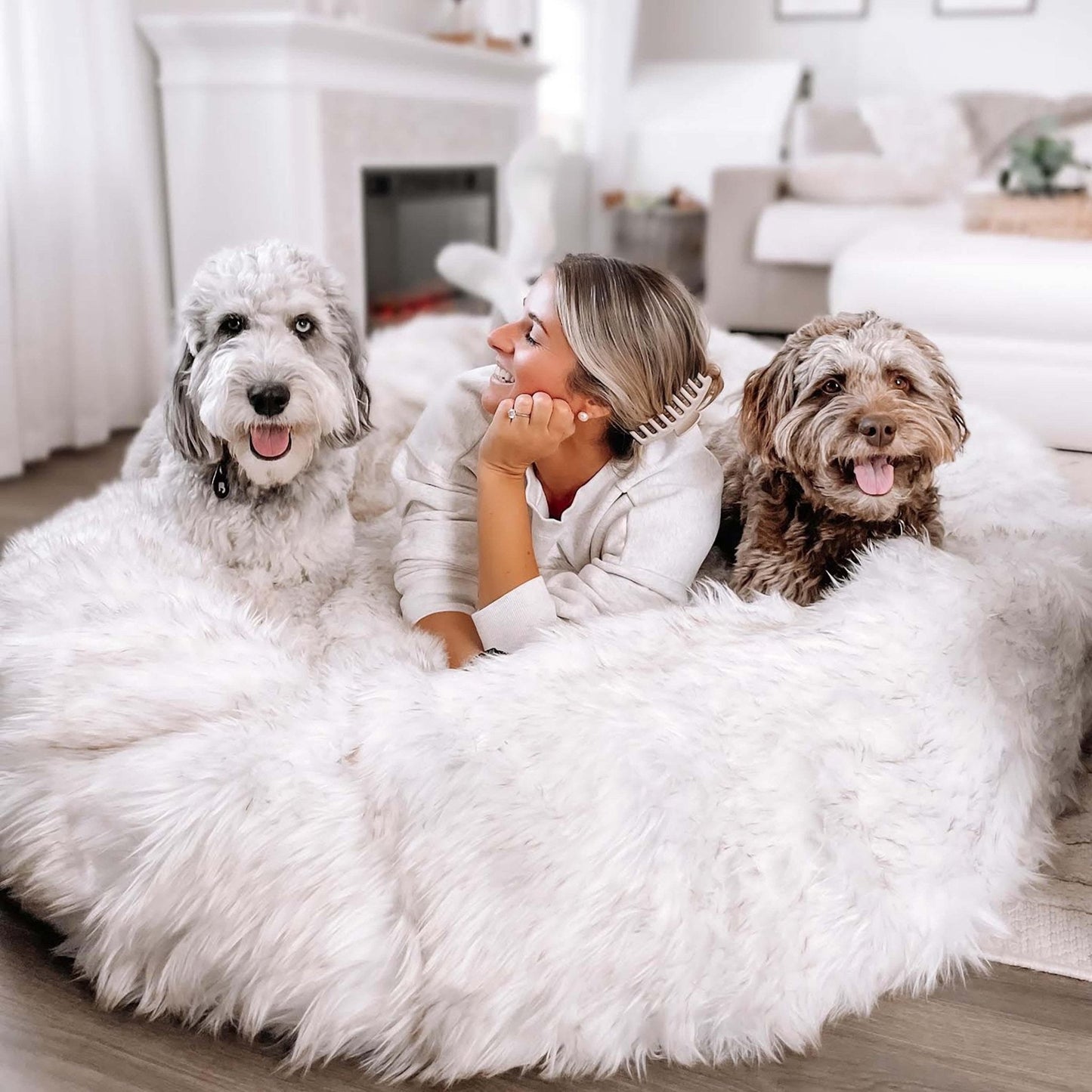 Faux Fur Dog Bed with Memory Foam - White with Brown Accents