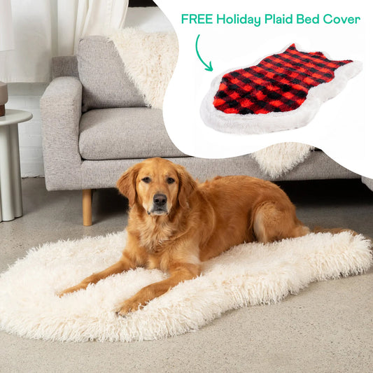 Plush Ivory Orthopedic Dog Bed with Free Red and Black Check Duvet Cover