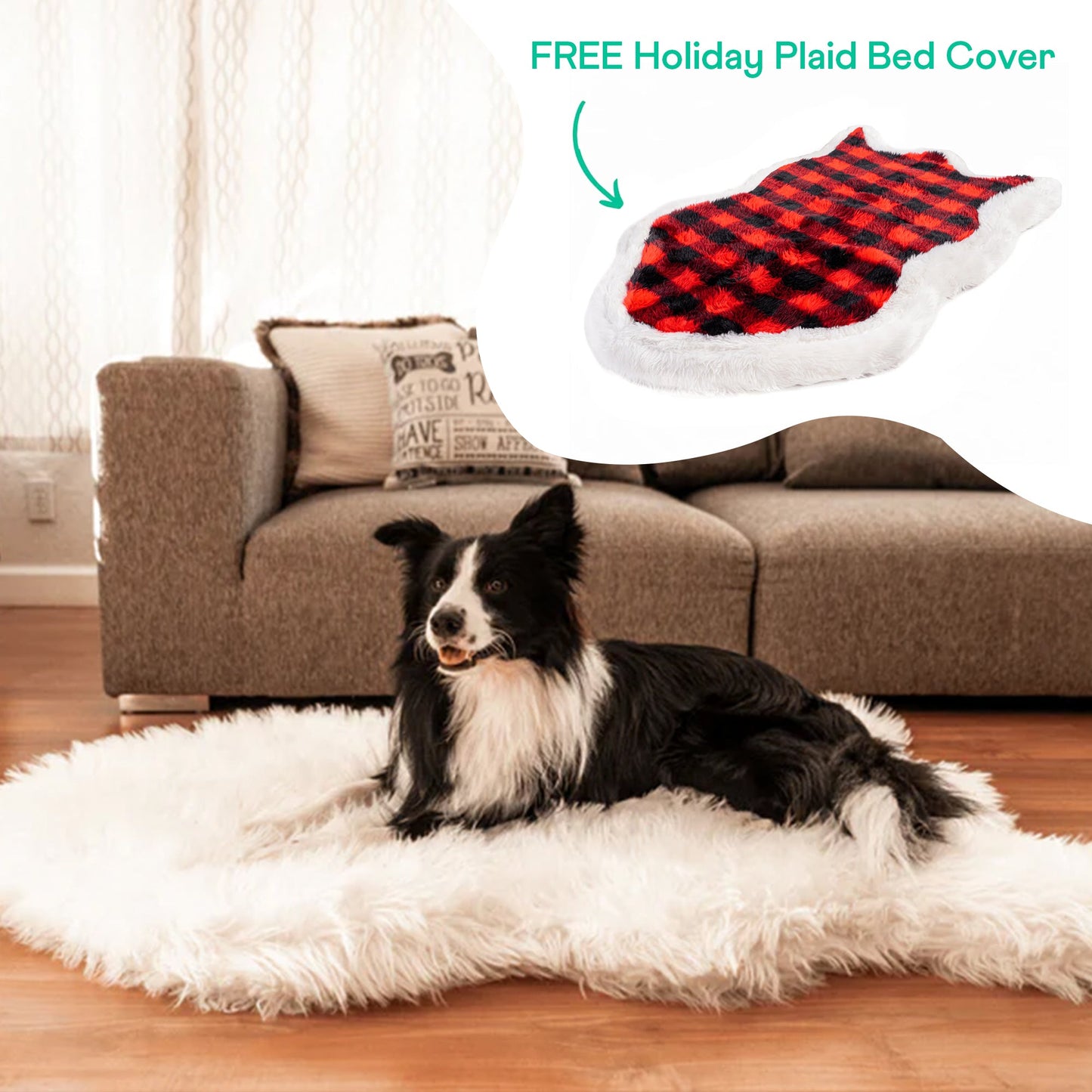 Orthopedic dog bed made of faux fur with free red and black checked duvet cover