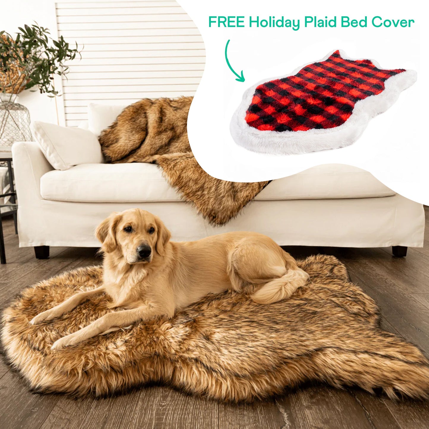 Sable Tan Faux Fur Orthopedic Dog Bed + Free Red Black Check Cover