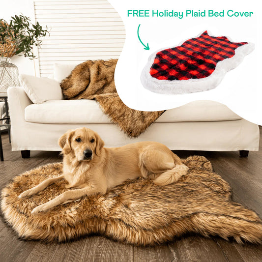 Sable Tan Faux Fur Orthopedic Dog Bed + Free Red Black Check Cover