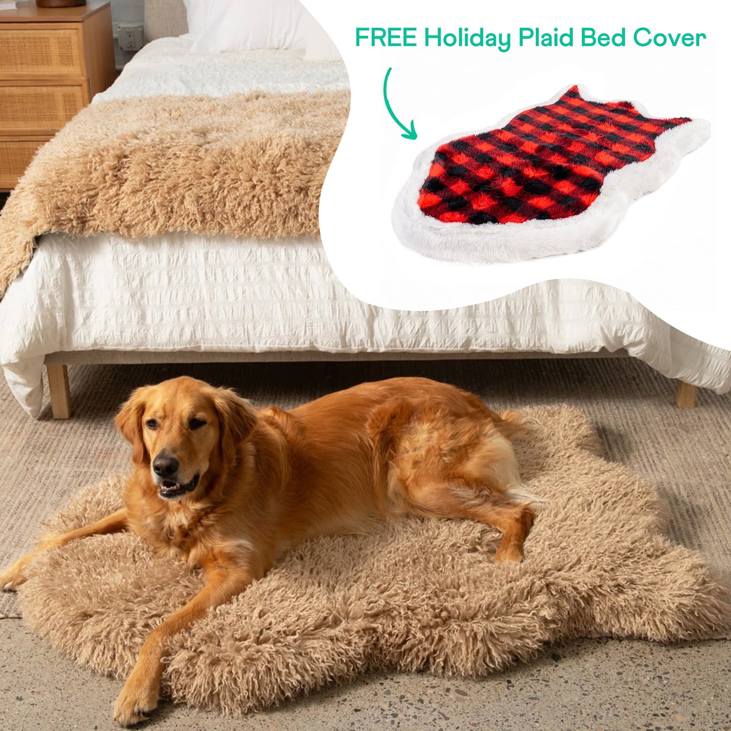 Orthopedic dog bed made of faux fur with free red and black checkered throw