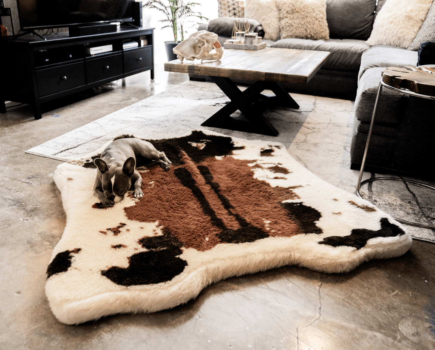 Memory Foam Dog Bed + Waterproof Blanket Set - Brown Faux Fur Cow Pattern